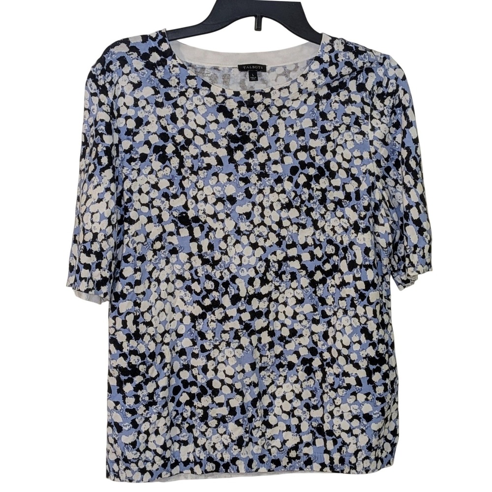 Talbots Blue Black White Abstract Leopard Print Short‎ Sleeve Sweater Top Large